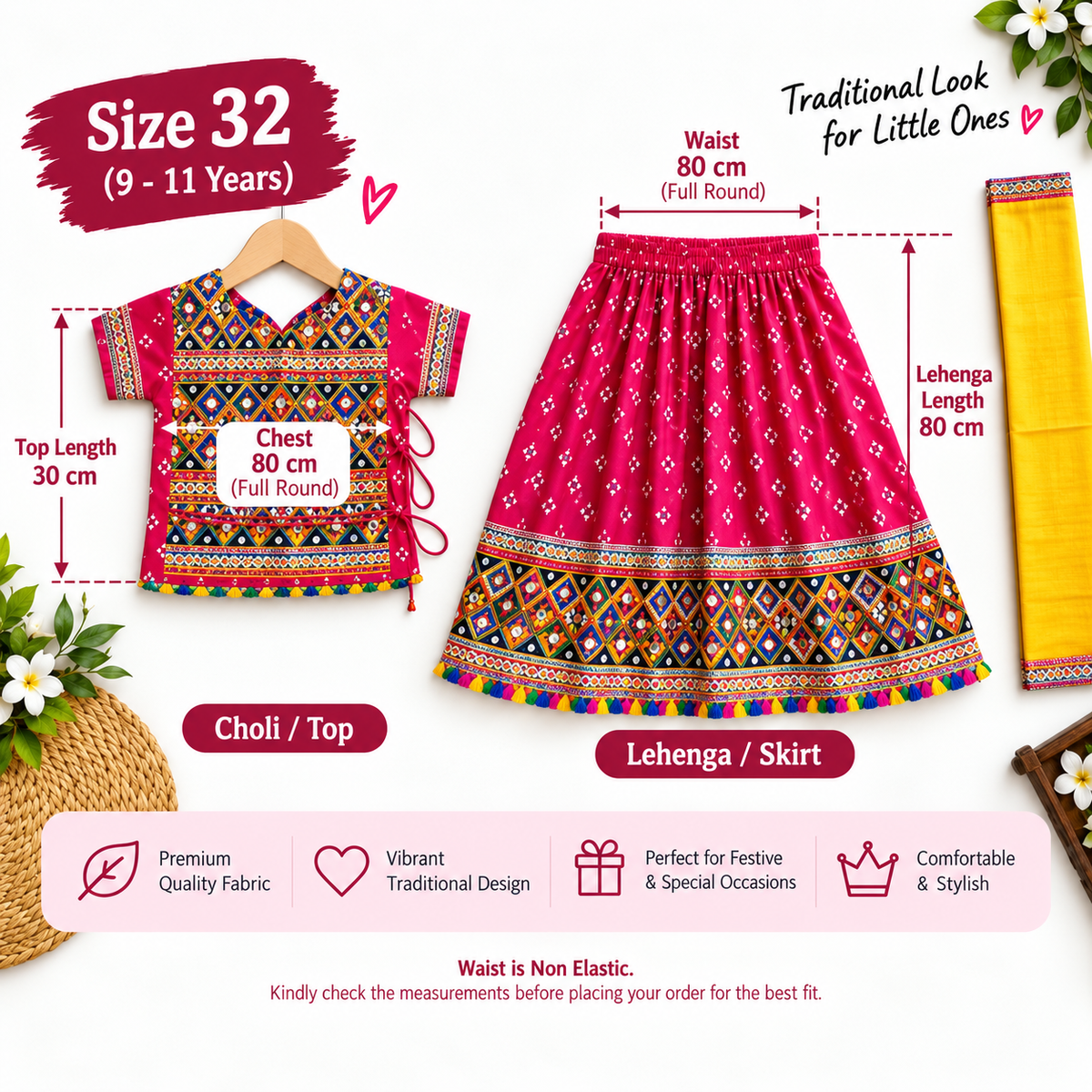 Rani Pink Kutchi Navratri Lehenga Choli Set for Girls