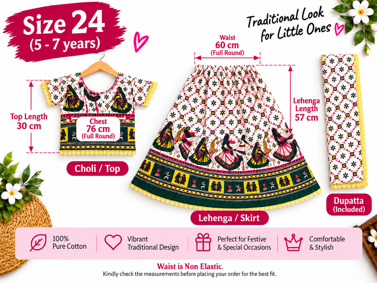 Emerald Green Folk Print Navratri Lehenga Choli Set for Girls