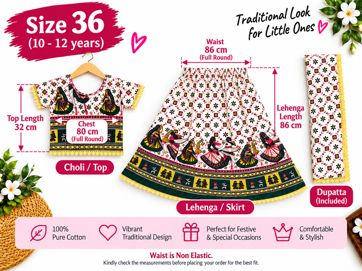 Emerald Green Folk Print Navratri Lehenga Choli Set for Girls