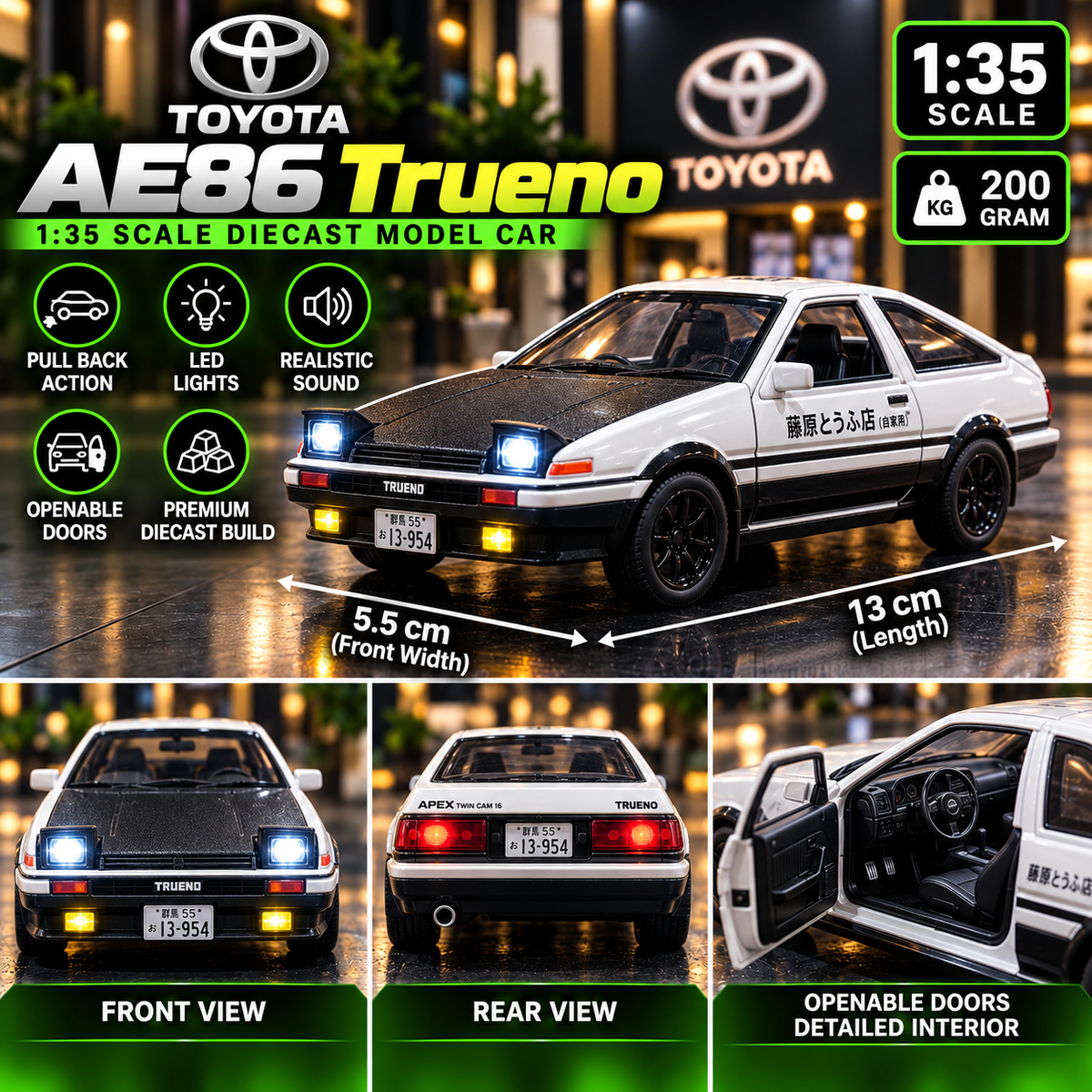 Toyota AE86 Sprinter Trueno Initial D | 1:35 Diecast Model Car – White & Black