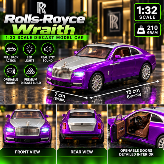 Rolls-Royce Wraith 1:32 Diecast Model Car – Metallic Purple & Silver | Light, Sound & Pull Back