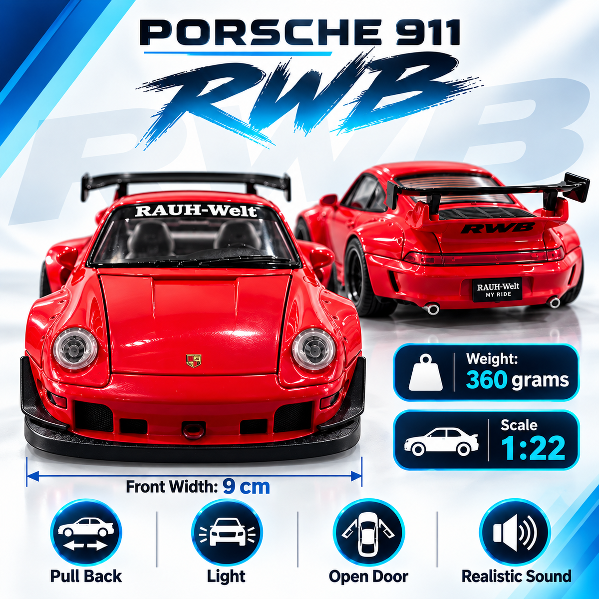 Porsche 911 RWB Drift King Diecast Car – 1:22 Scale | Lights & Sound