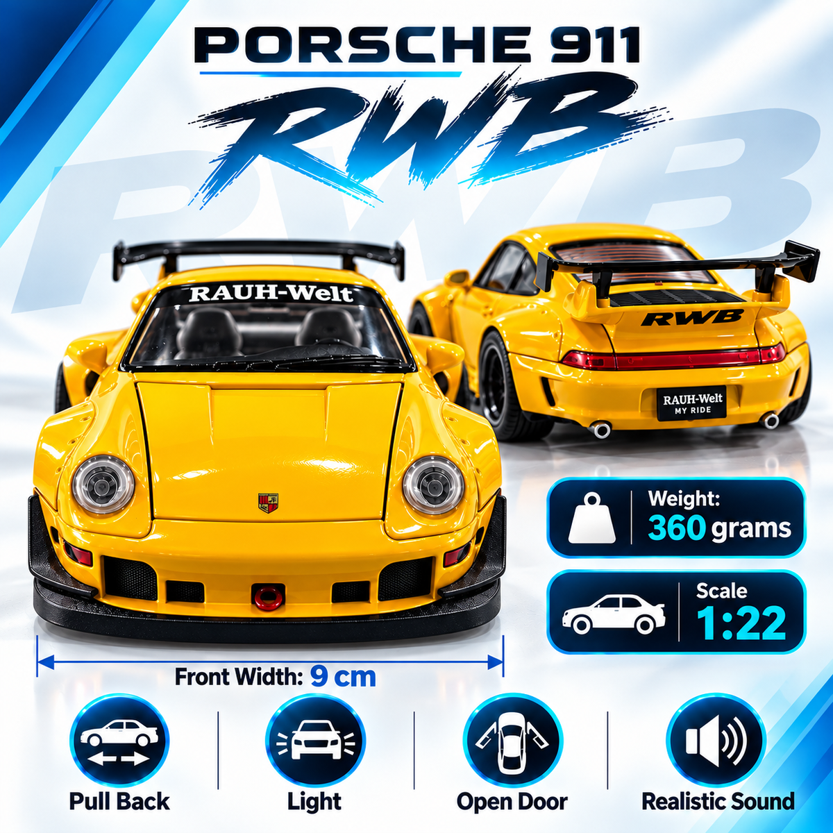 Porsche 911 RWB Drift King Diecast Car – 1:22 Scale | Lights & Sound
