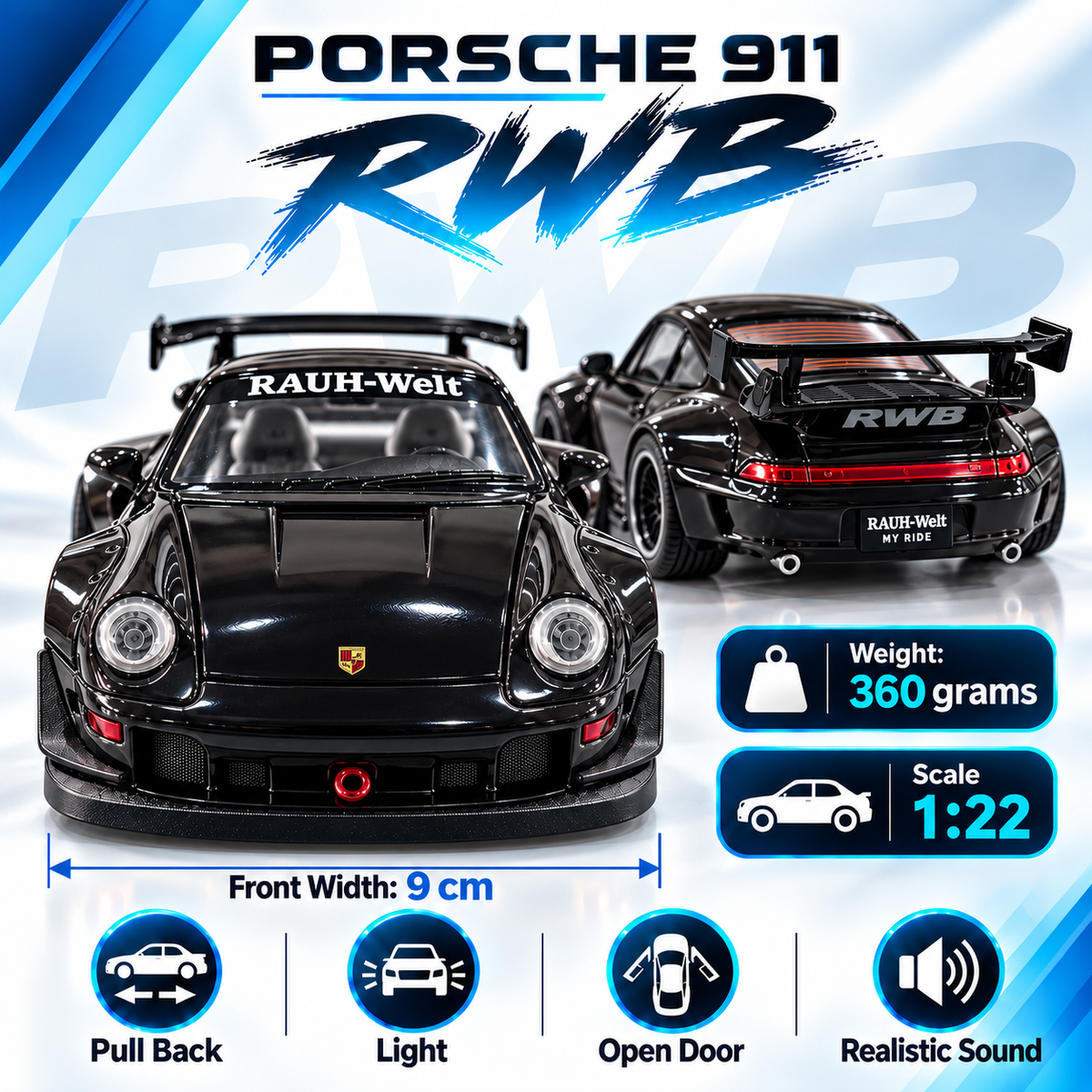Porsche 911 RWB Drift King Diecast Car – 1:22 Scale | Lights & Sound