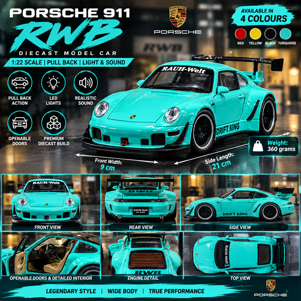 Porsche 911 RWB Drift King Diecast Car – 1:22 Scale | Lights & Sound