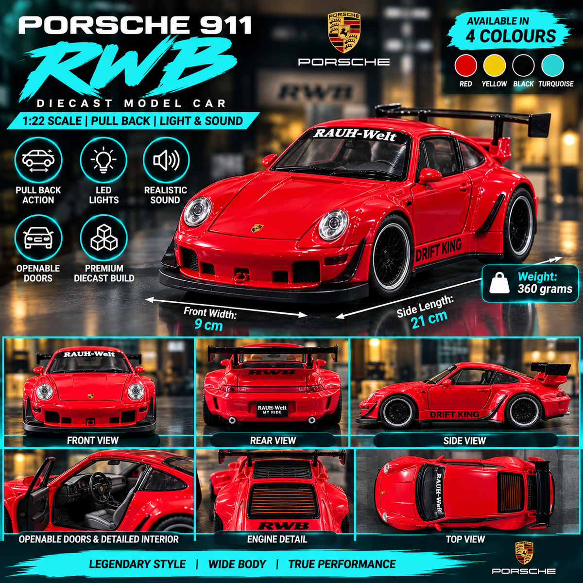 Porsche 911 RWB Drift King Diecast Car – 1:22 Scale | Lights & Sound