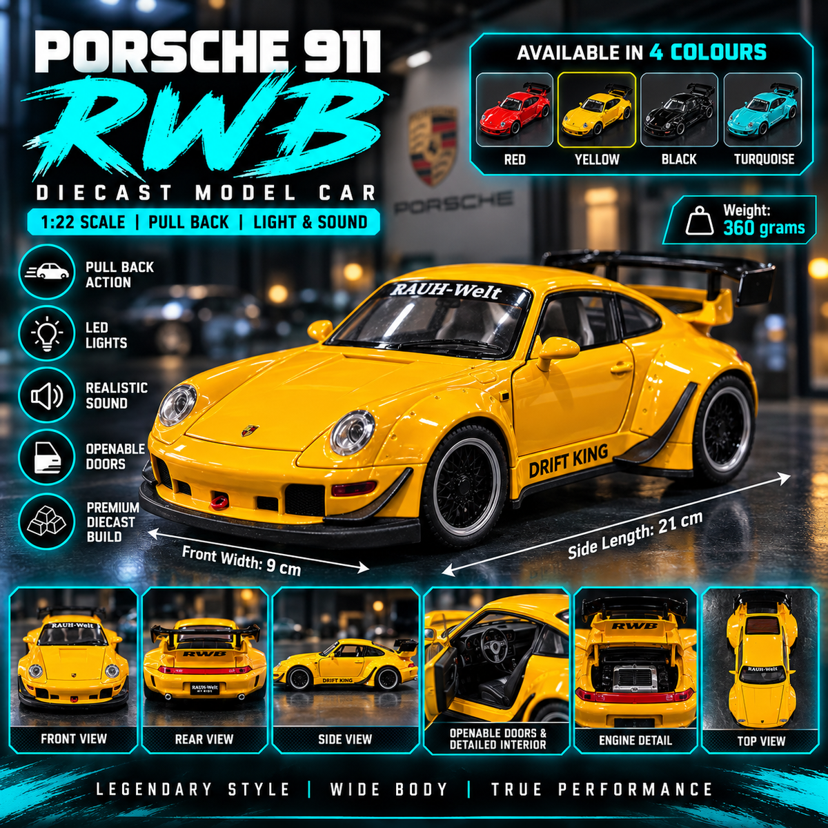 Porsche 911 RWB Drift King Diecast Car – 1:22 Scale | Lights & Sound