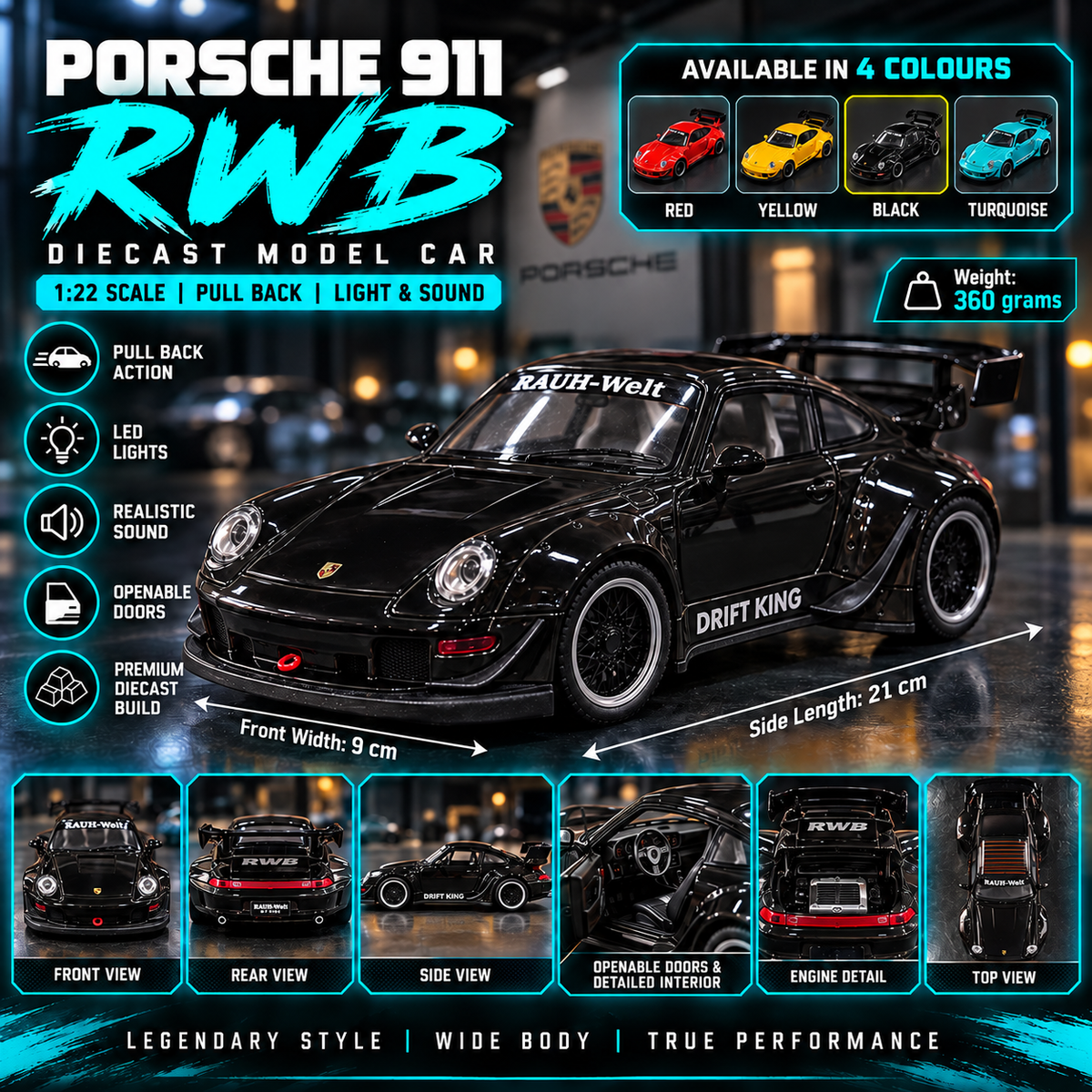 Porsche 911 RWB Drift King Diecast Car – 1:22 Scale | Lights & Sound
