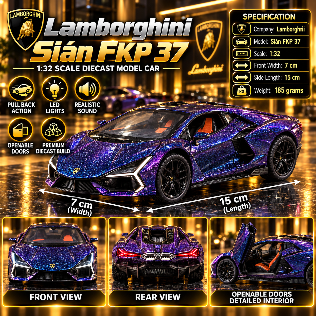 Lamborghini Sián FKP 37 1:32 Premium Diecast Car | Pull Back, Light & Sound, Openable Doors