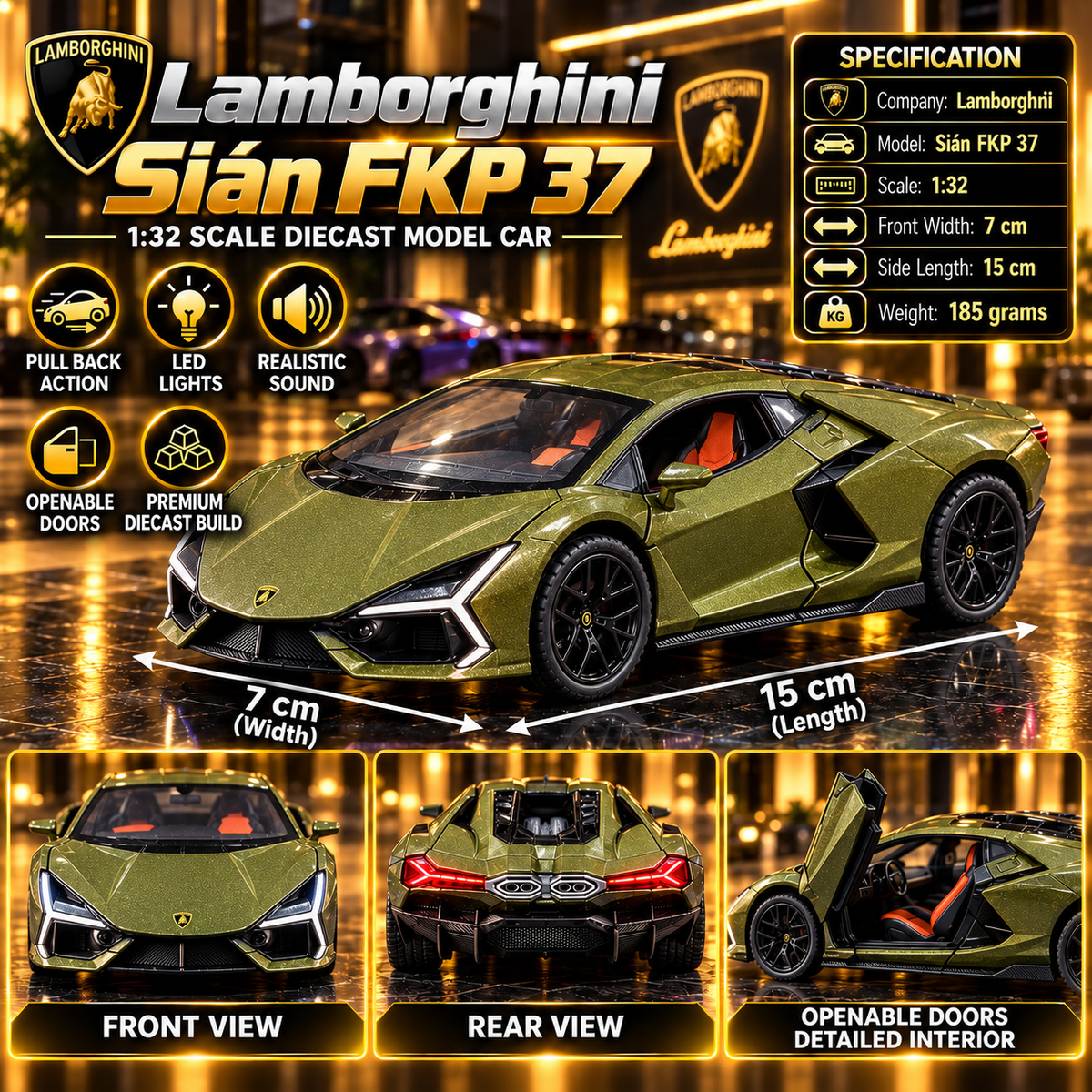 Lamborghini Sián FKP 37 1:32 Premium Diecast Car | Pull Back, Light & Sound, Openable Doors