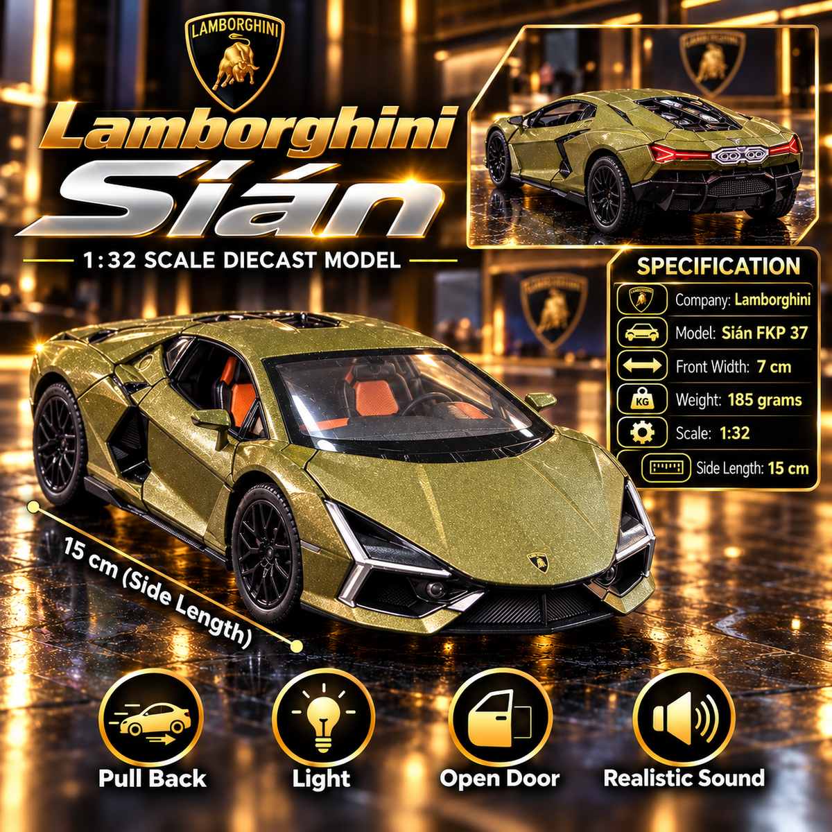 Lamborghini Sián FKP 37 1:32 Premium Diecast Car | Pull Back, Light & Sound, Openable Doors