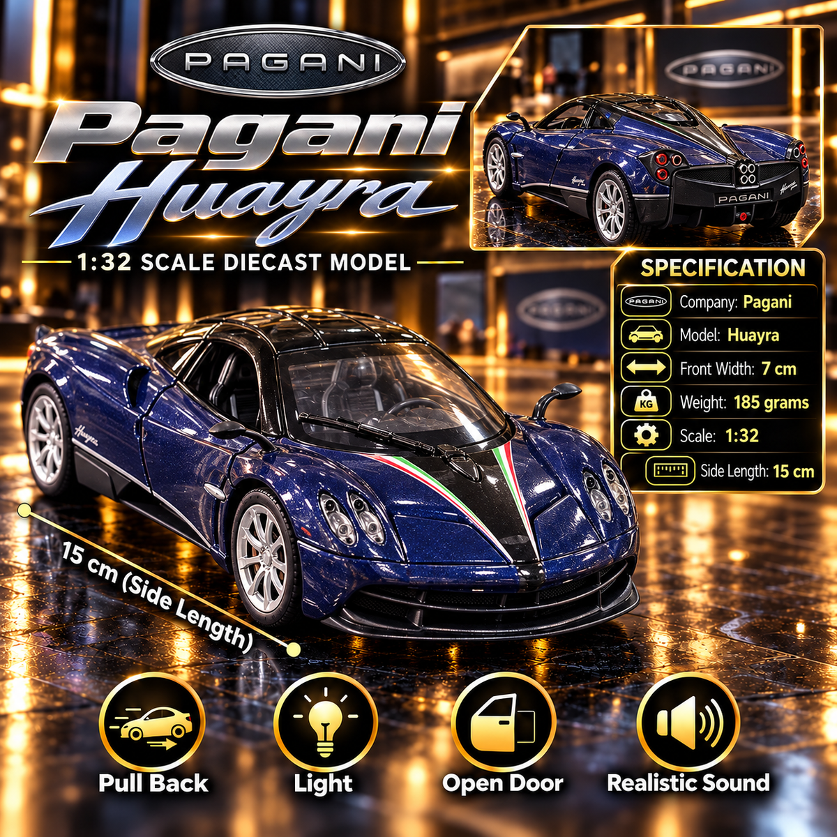 Pagani Huayra 1:32 Premium Diecast Model Car | Pull Back, Light & Sound | Openable Doors