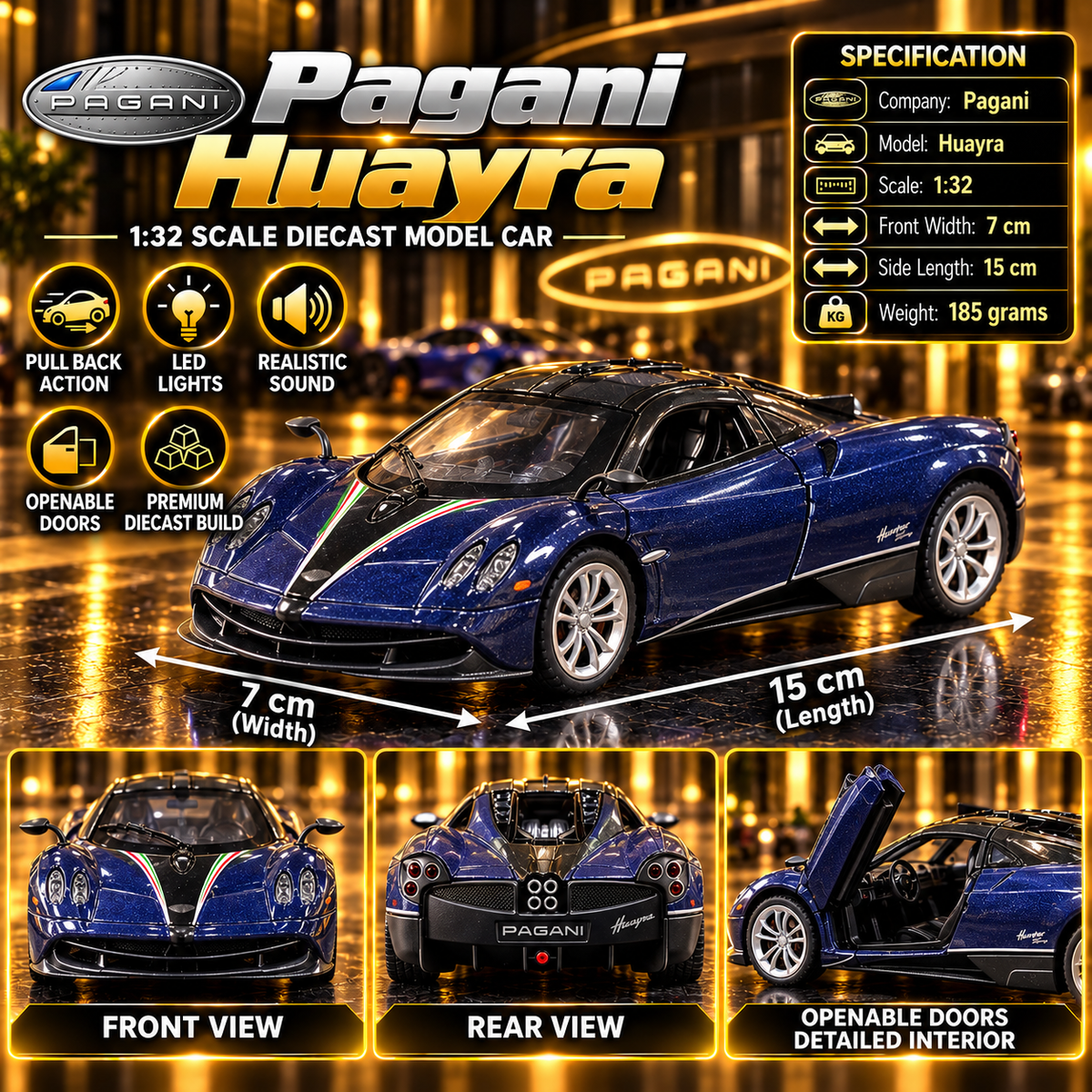 Pagani Huayra 1:32 Premium Diecast Model Car | Pull Back, Light & Sound | Openable Doors