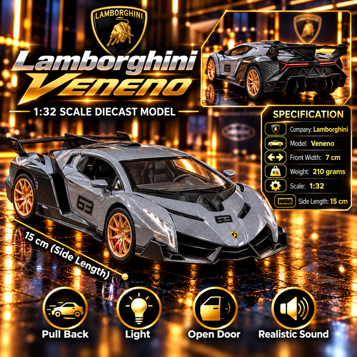 Lamborghini Veneno 1:32 Premium Diecast Model Car | Pull Back, Light & Sound | Openable Doors