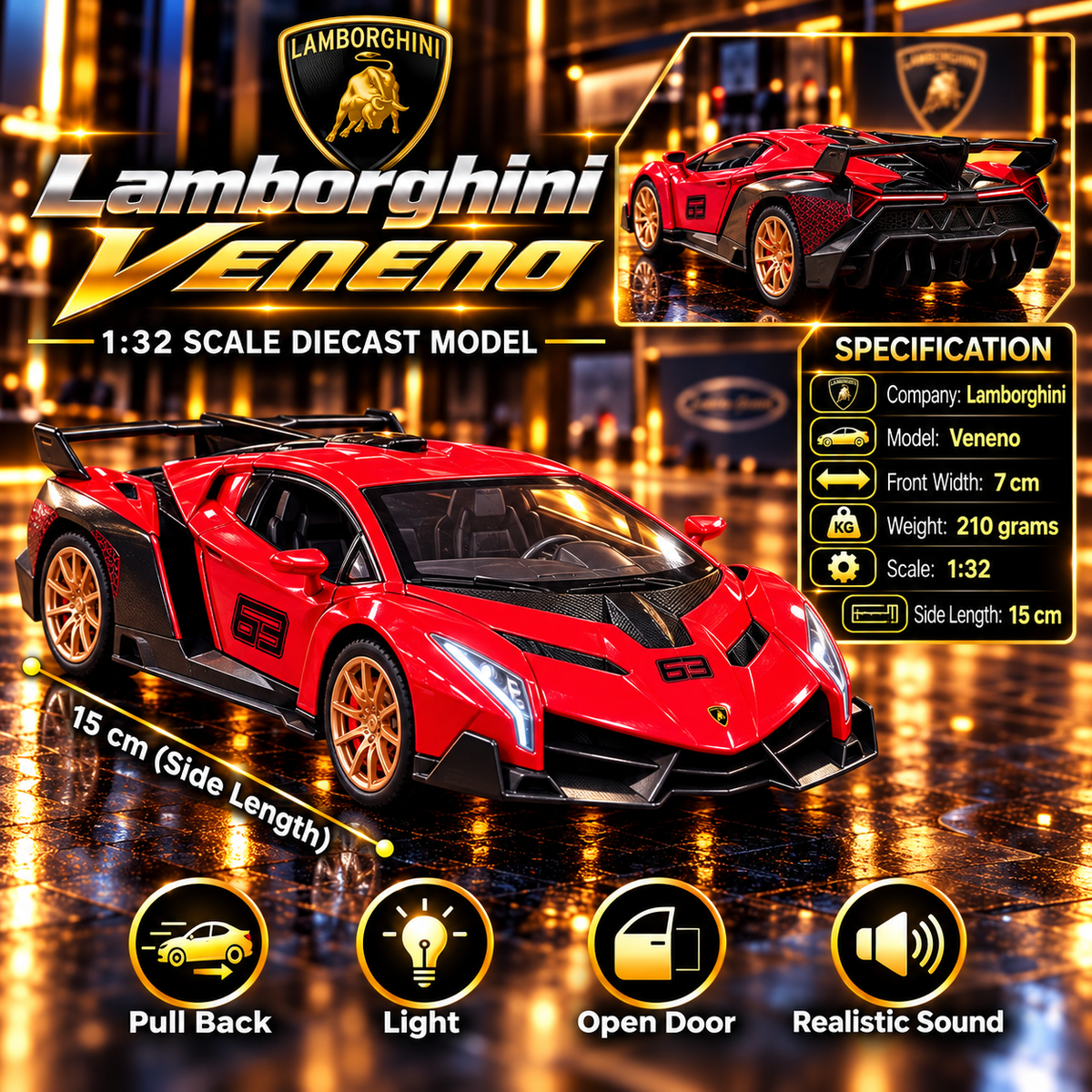 Lamborghini Veneno 1:32 Premium Diecast Model Car | Pull Back, Light & Sound | Openable Doors