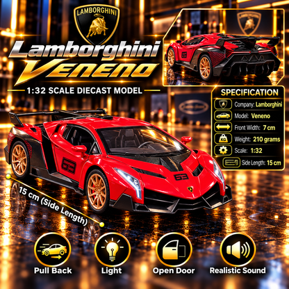 Lamborghini Veneno 1:32 Premium Diecast Model Car | Pull Back, Light & Sound | Openable Doors
