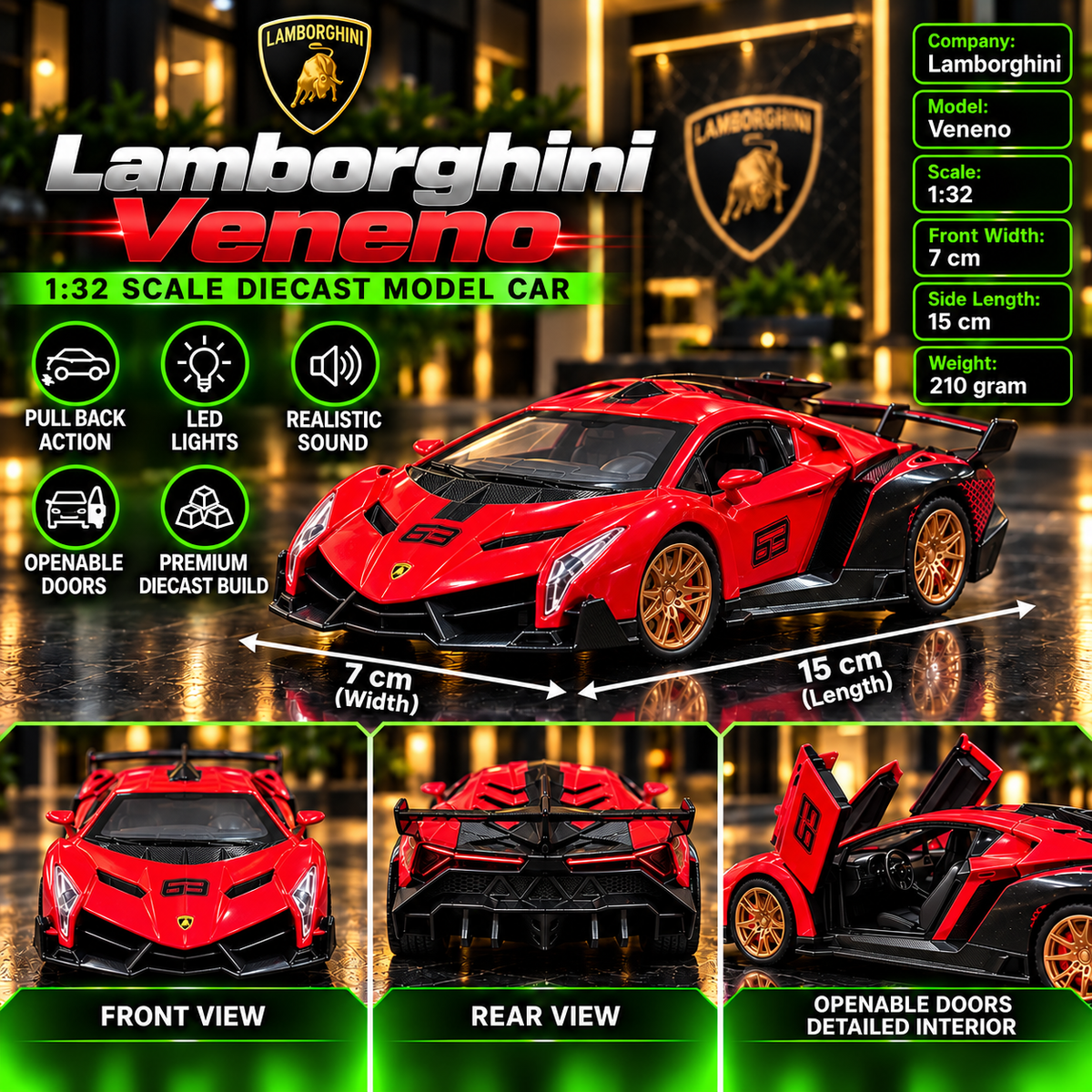 Lamborghini Veneno 1:32 Premium Diecast Model Car | Pull Back, Light & Sound | Openable Doors