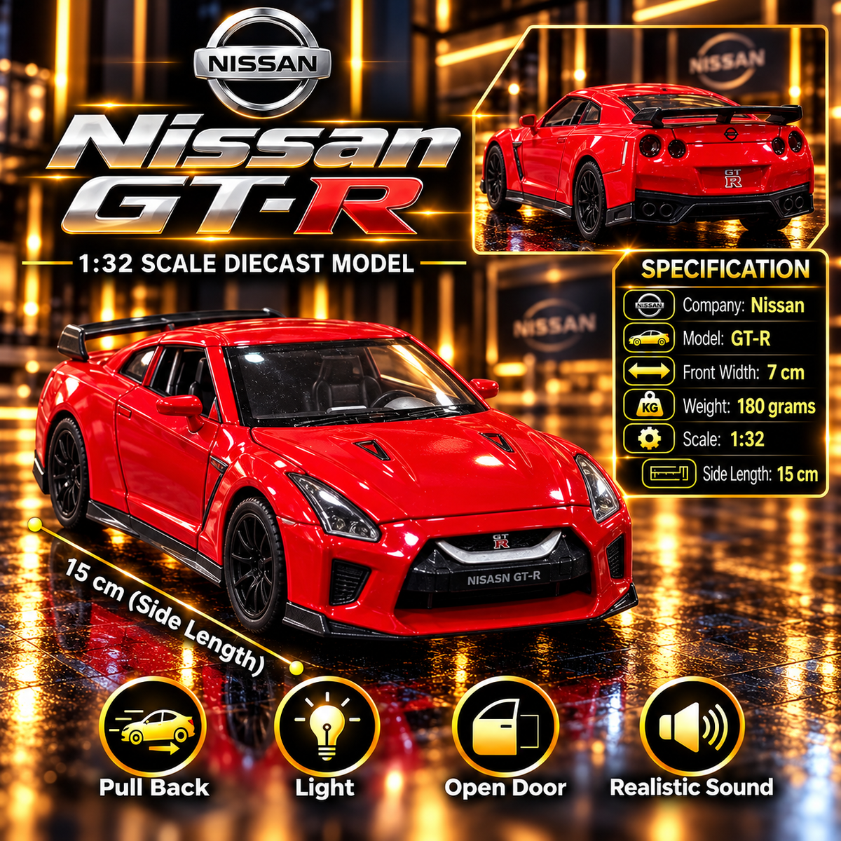 Nissan GT-R R35 1:32 Premium Diecast Model Car | Pull Back, Light & Sound | Openable Doors