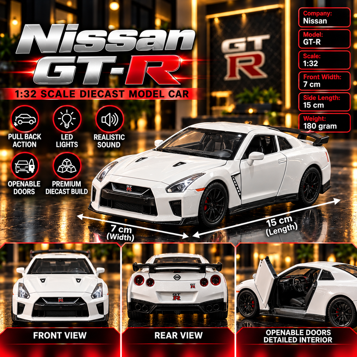 Nissan GT-R R35 1:32 Premium Diecast Model Car | Pull Back, Light & Sound | Openable Doors