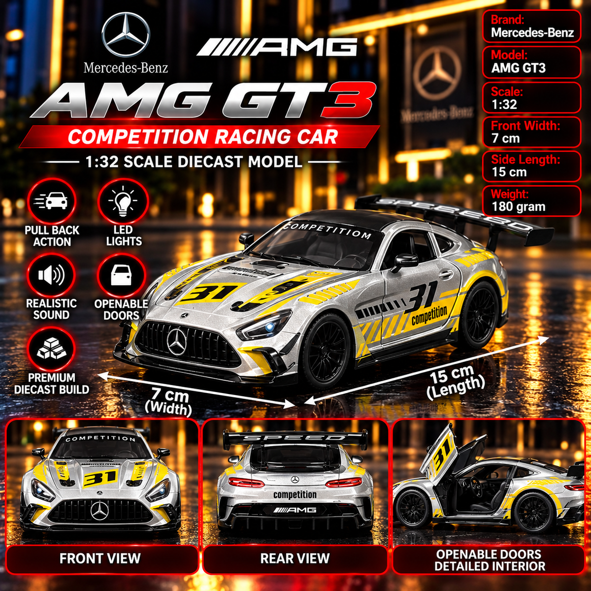 Mercedes-Benz AMG GT3 1:32 Premium Diecast Racing Car | Pull Back, LED Lights, Sound & Openable Doors