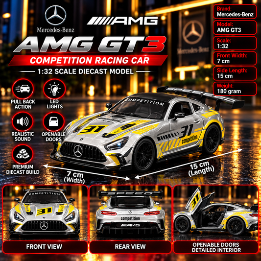 Mercedes-Benz AMG GT3 1:32 Premium Diecast Racing Car | Pull Back, LED Lights, Sound & Openable Doors