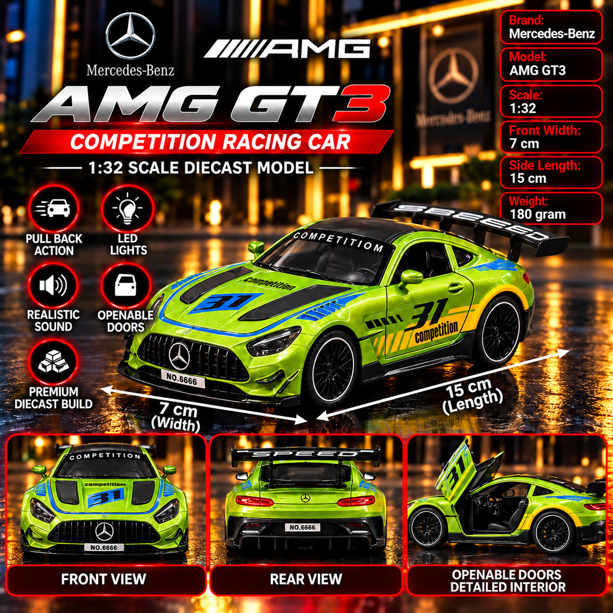 Mercedes-Benz AMG GT3 1:32 Premium Diecast Racing Car | Pull Back, LED Lights, Sound & Openable Doors