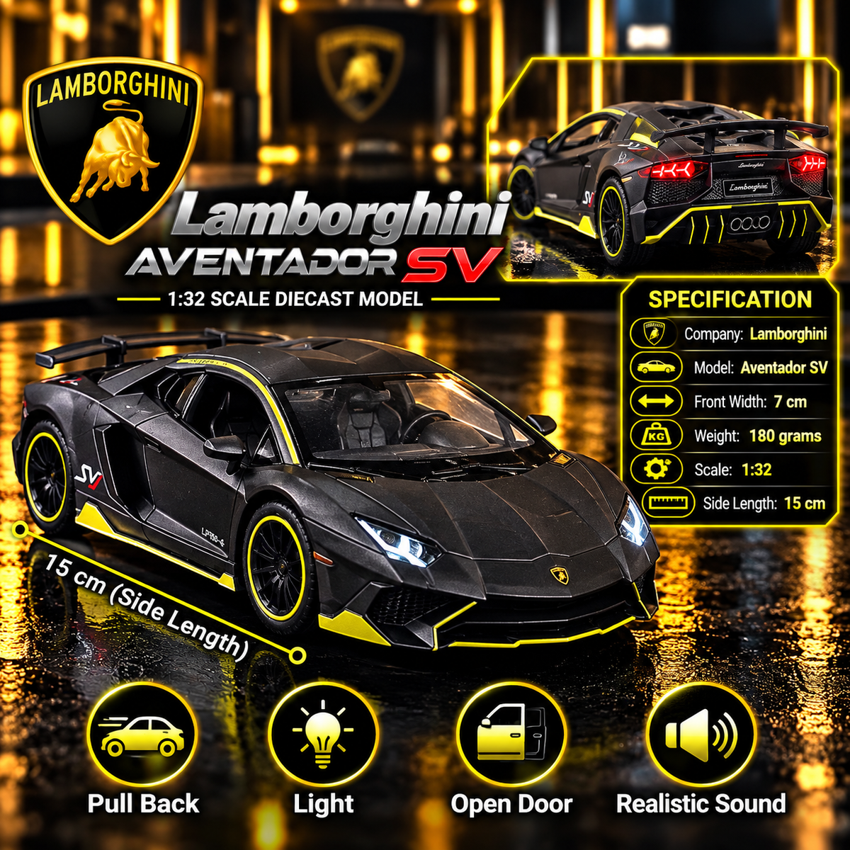 Lamborghini Aventador SV 1:32 Premium Diecast Model Car | Pull Back, Light & Sound, Openable Doors