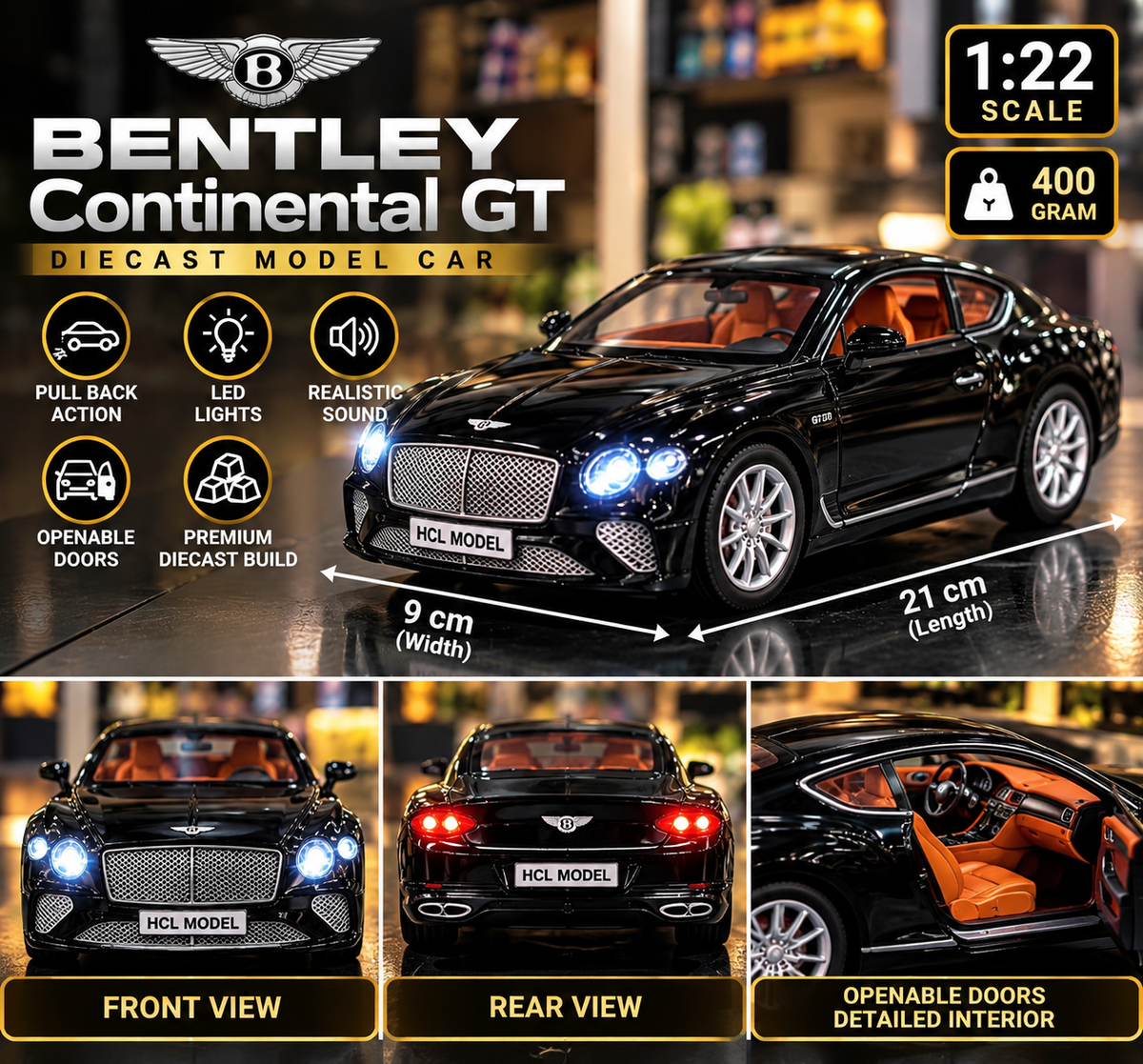 Bentley Continental GT Diecast Car – 1:22 Scale | Luxury Sports Coupe | Lights & Sound