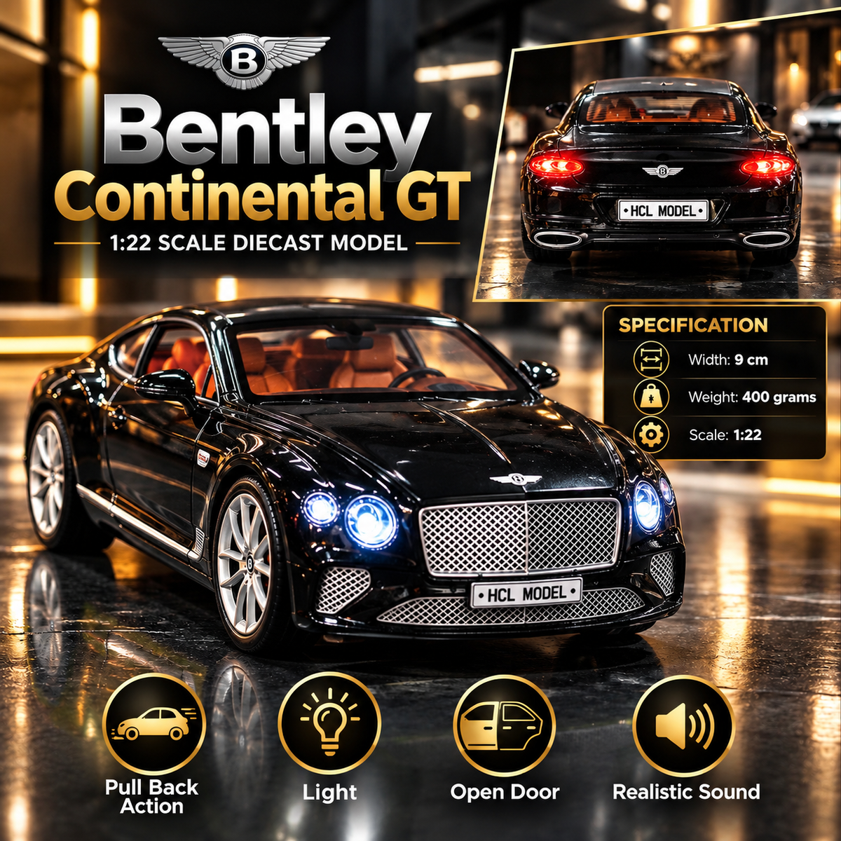 Bentley Continental GT Diecast Car – 1:22 Scale | Luxury Sports Coupe | Lights & Sound