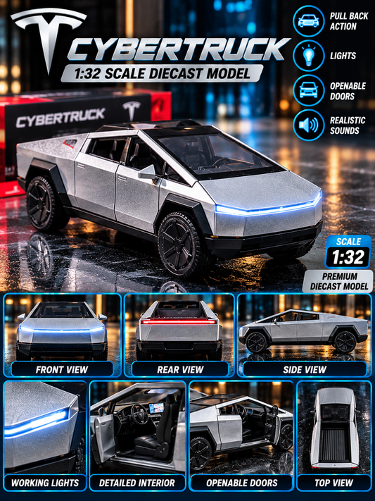 1:32 Scale Tesla Cybertruck Die-Cast Model Car – Pull Back, Lights, Sound & Openable Doors