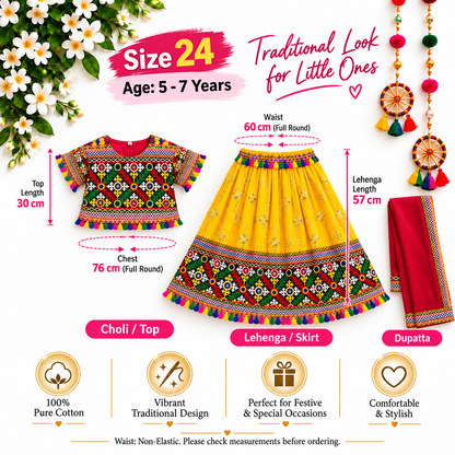 Girls Yellow Traditional Lehenga Choli Set with Red Dupatta – 100% Pure Cotton Festive Wear
