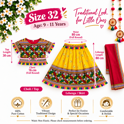 Girls Yellow Traditional Lehenga Choli Set with Red Dupatta – 100% Pure Cotton Festive Wear
