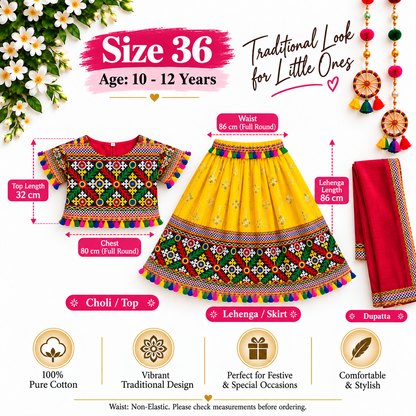 Girls Yellow Traditional Lehenga Choli Set with Red Dupatta – 100% Pure Cotton Festive Wear