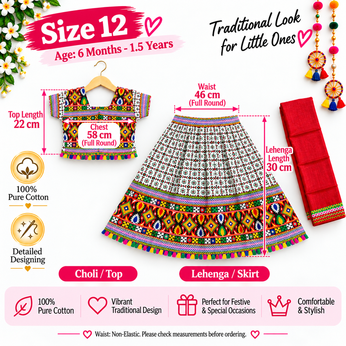 Girls White Multicolor Pure Cotton Garba Lehenga Choli Set with Red Dupatta