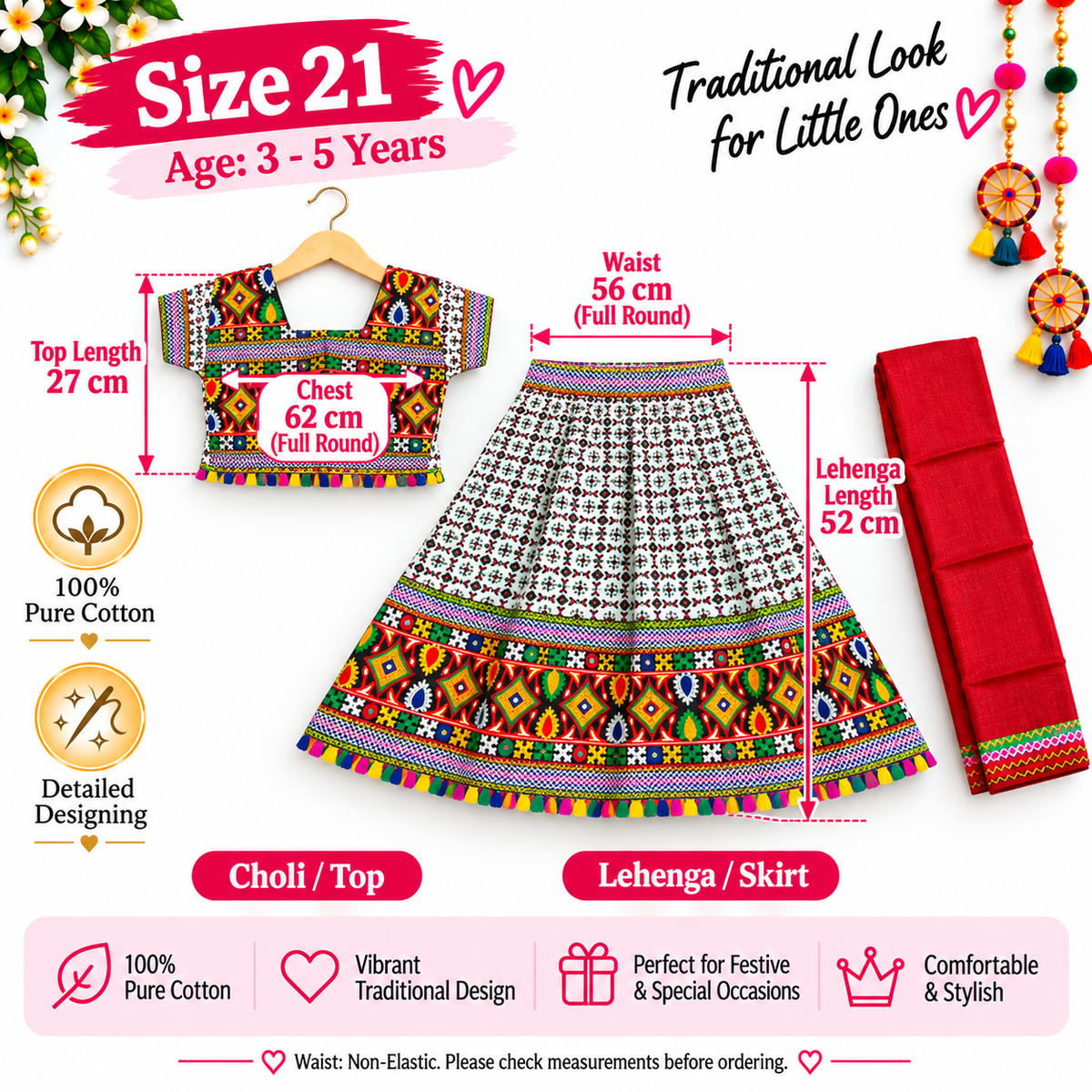 Girls White Multicolor Pure Cotton Garba Lehenga Choli Set with Red Dupatta