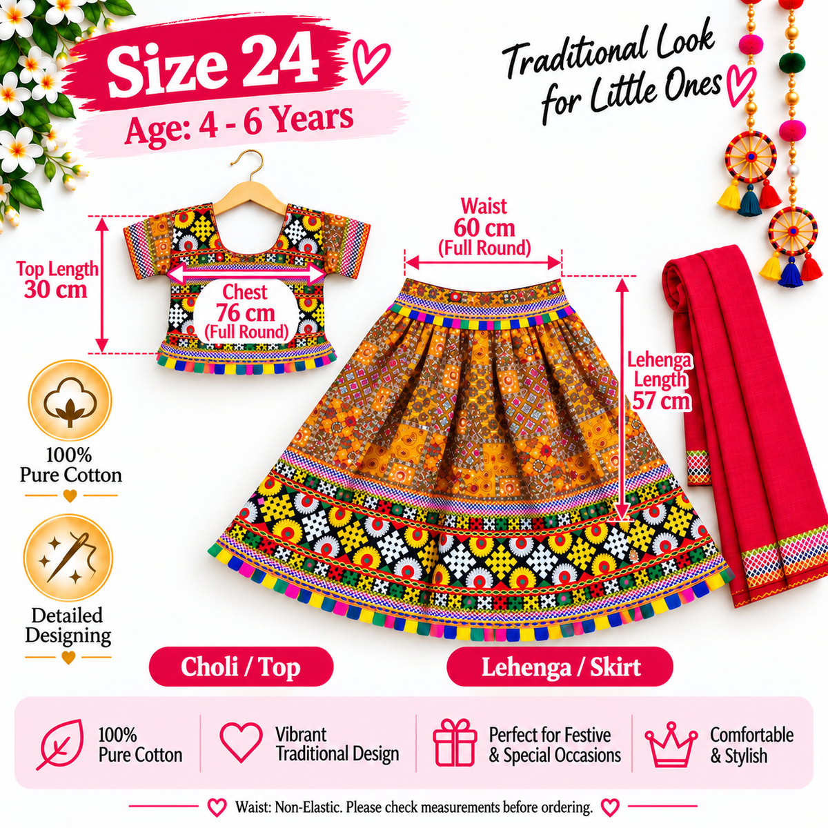Girls Mustard Orange Multicolor Pure Cotton Patchwork Lehenga Choli Set with Red Dupatta