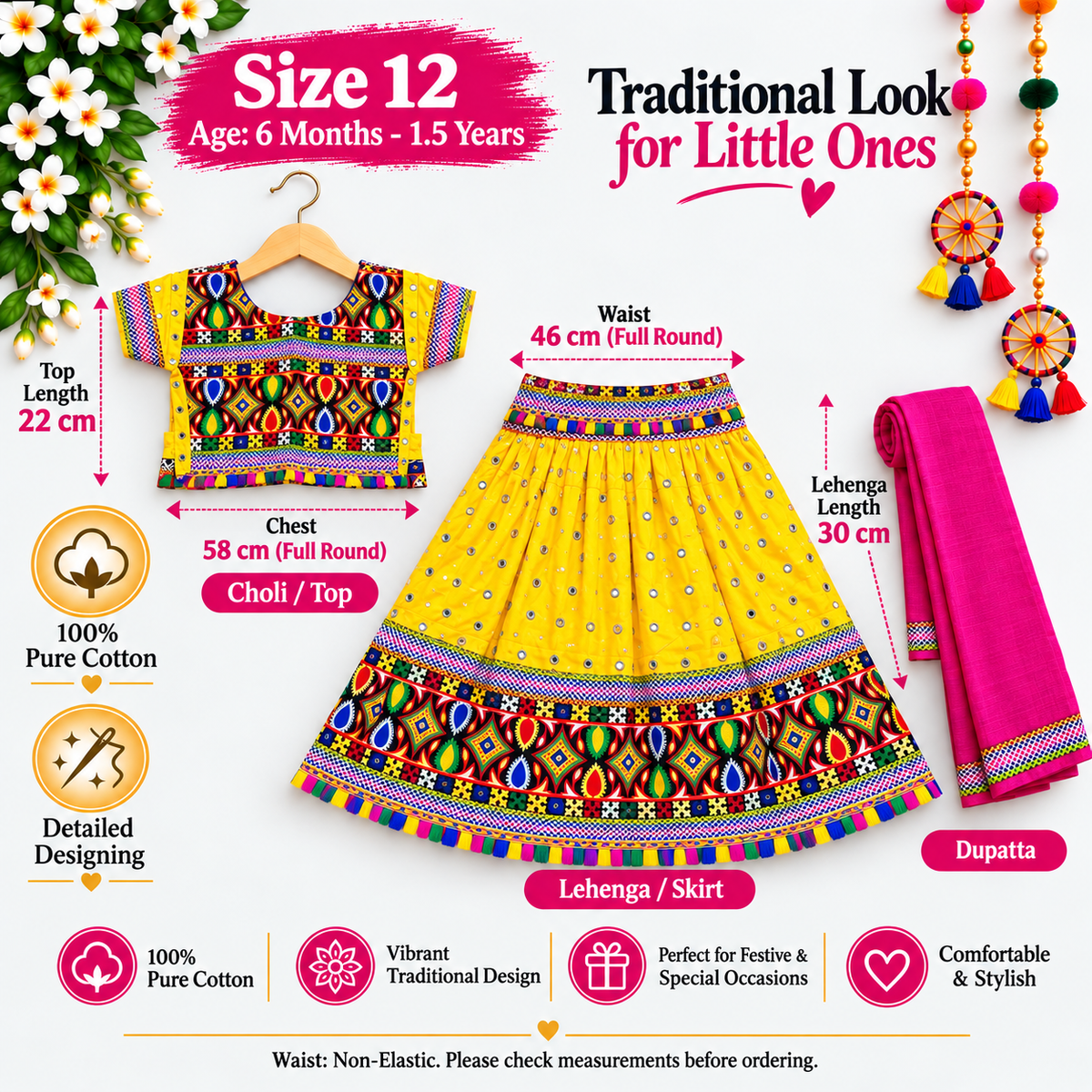 Girls Yellow Multicolor Mirror Work Pure Cotton Lehenga Choli Set with Pink Dupatta