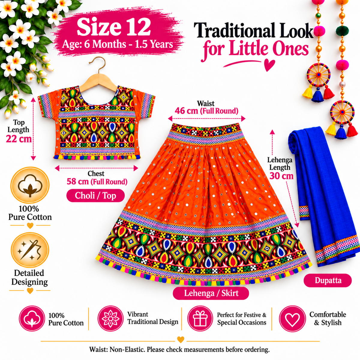 Girls Orange Multicolor Pure Cotton Garba Lehenga Choli Set with Royal Blue Dupatta