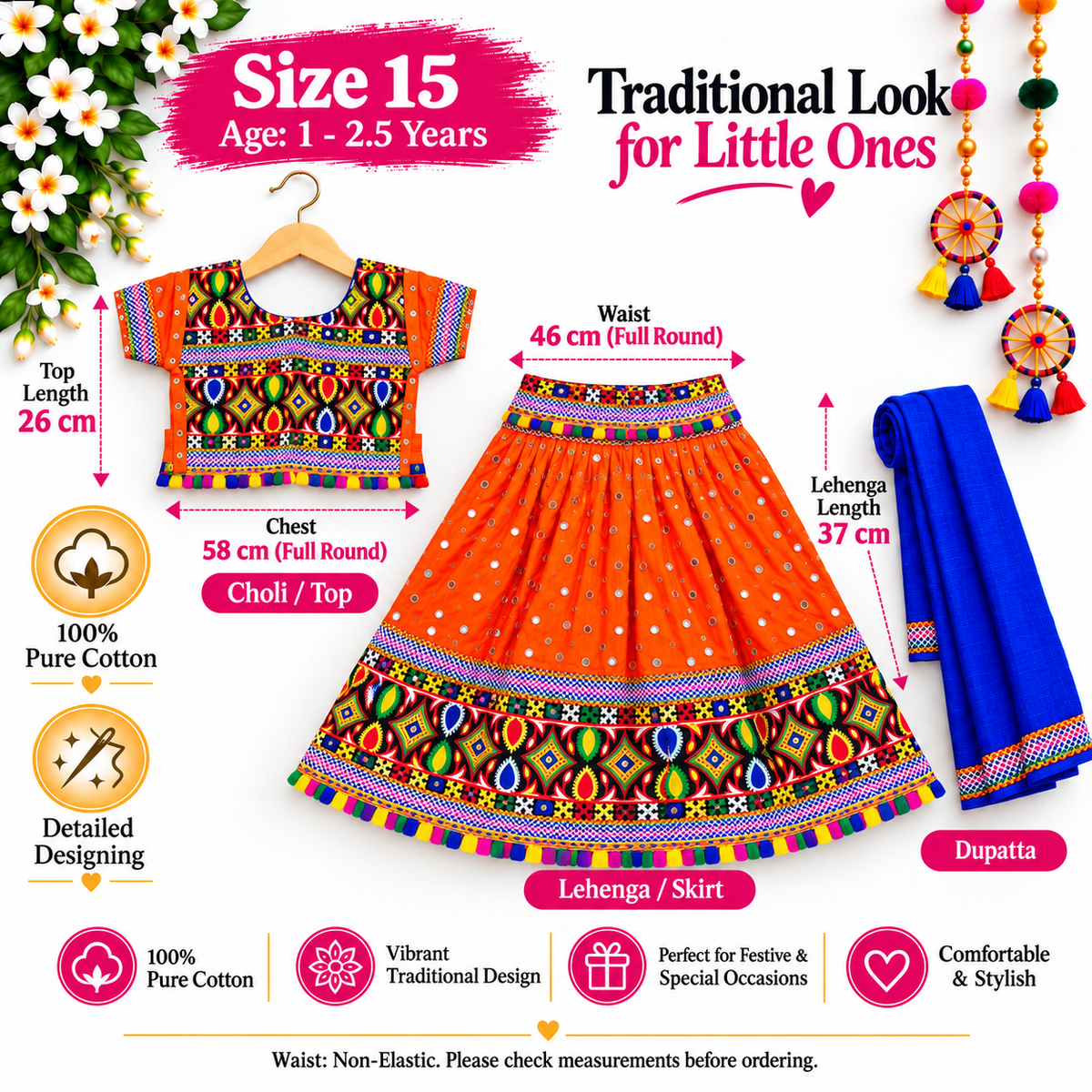 Girls Orange Multicolor Pure Cotton Garba Lehenga Choli Set with Royal Blue Dupatta
