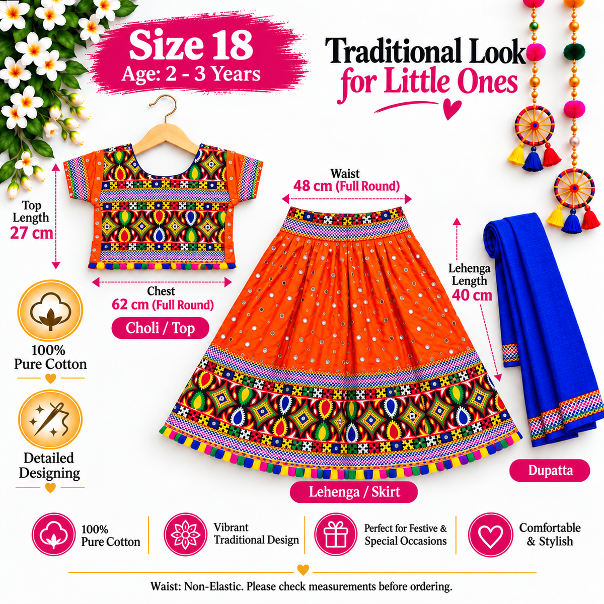Girls Orange Multicolor Pure Cotton Garba Lehenga Choli Set with Royal Blue Dupatta