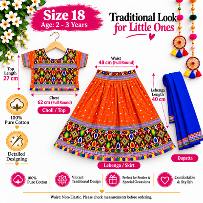Girls Orange Multicolor Pure Cotton Garba Lehenga Choli Set with Royal Blue Dupatta
