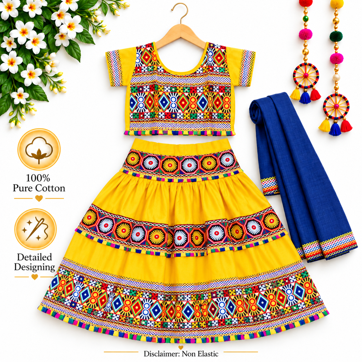 Girls Yellow Traditional Cotton Lehenga Choli Set with Blue Dupatta