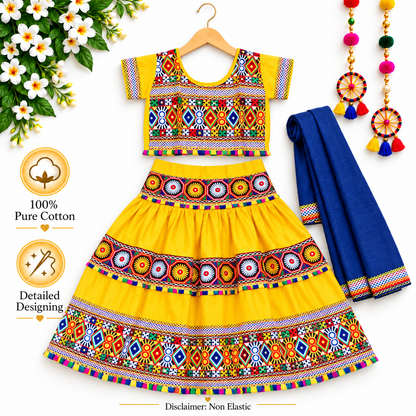 Girls Yellow Traditional Cotton Lehenga Choli Set with Blue Dupatta