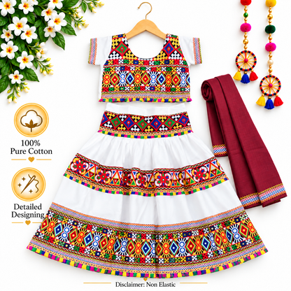 Girls White Traditional Cotton Lehenga Choli Set with Maroon Dupatta