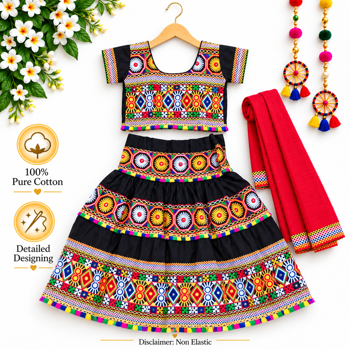 Girls Black Traditional Cotton Lehenga Choli Set with Red Dupatta