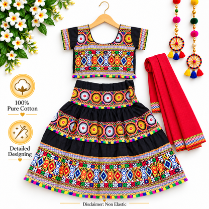 Girls Black Traditional Cotton Lehenga Choli Set with Red Dupatta