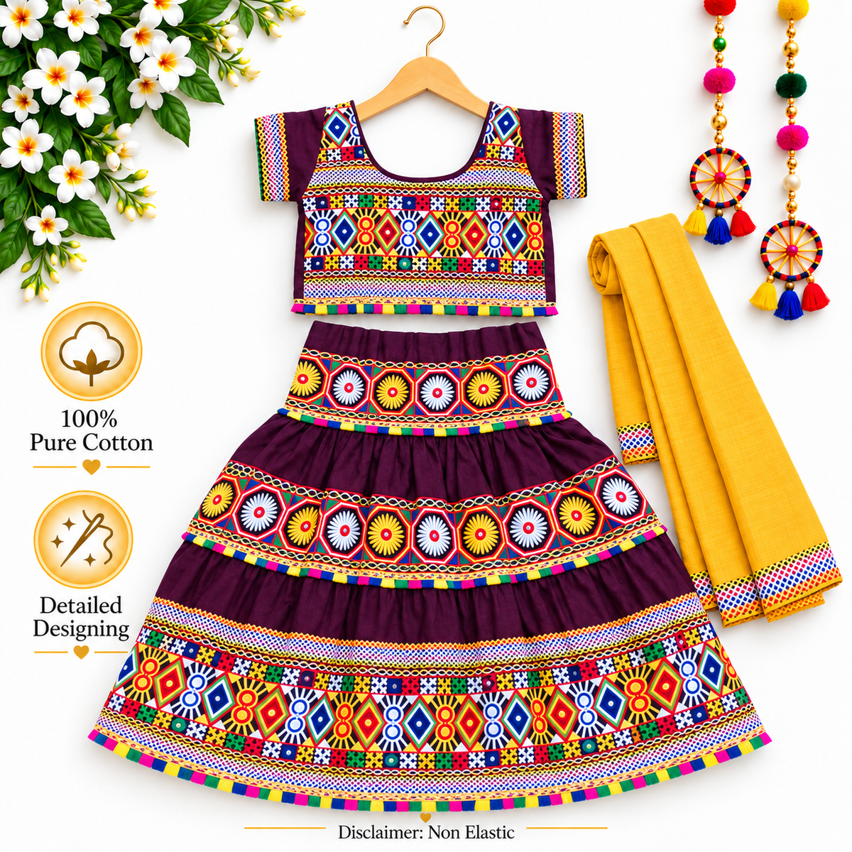 Girls Wine Purple Traditional Cotton Lehenga Choli Set with Mustard Dupatta