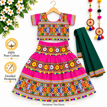 Girls Pink Traditional Cotton Lehenga Choli Set with Green Dupatta
