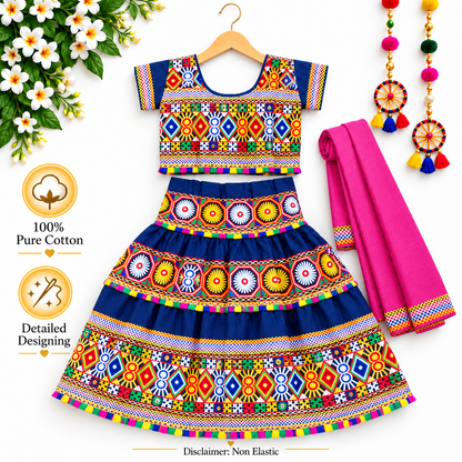 Girls Royal Blue Traditional Cotton Lehenga Choli Set with Pink Dupatta