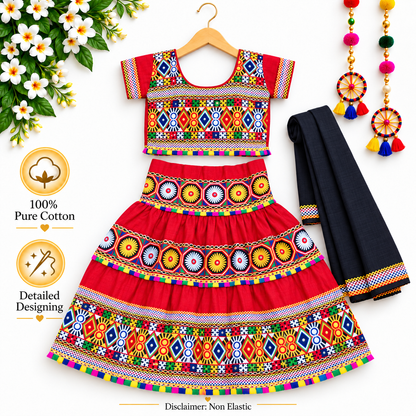 Girls Red Traditional Cotton Lehenga Choli Set with Black Dupatta